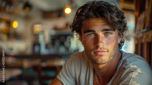 Handsome young man with tousled hair and striking green eyes, sitting in a cozy, softly-lit cafe.