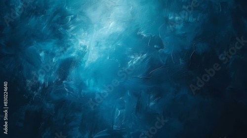  A painting of a blue ocean with light emerging from the ocean floor at the picture's bottom, located in the bottom corner