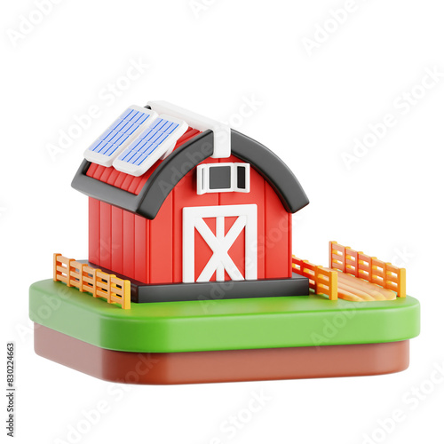 A red barn with a white roof and a green grassy field in the background. The barn is surrounded by a wooden fence