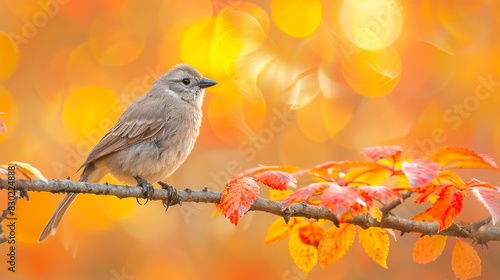  A small bird sits on a branch against a blurred backdrop of leaves and a tree branch adorned with red and yellow foliage in the foreground