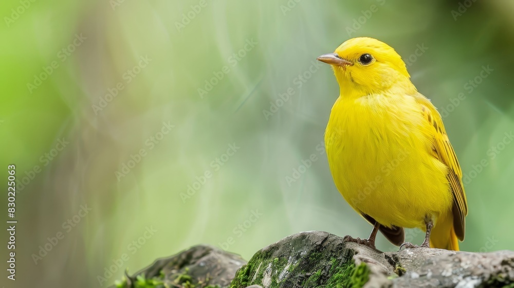  A yellow bird on a rock against a blurred background of greenery, with leaves forming a green bokeh