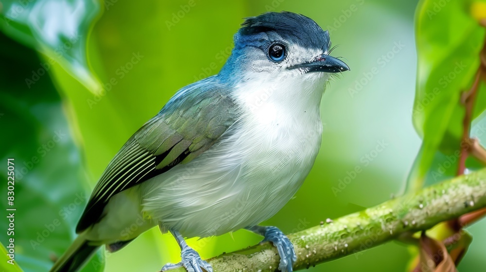 A small bird, blue-and-white plumed, perches atop a tree's branch Emerald foliage frames its backdrop Its wings display a distinctive blue- A small bird, blue-and-white plumed, perches atop a tree's branch Emerald foliage frames its backdrop Its wings display a distinctive blue-