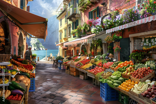 Fruits and vegetables at groceries with beautiful view