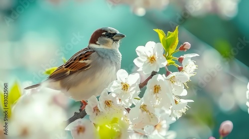  A bird perches on a tree branch, surrounded by white and brown flowers in the foreground Behind it, a blue sky stretches out with white and pink blooms