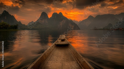  A boat floats on a body of water beneath a cloudy sky, with mountains in the background and a sunset over the water's midpoint