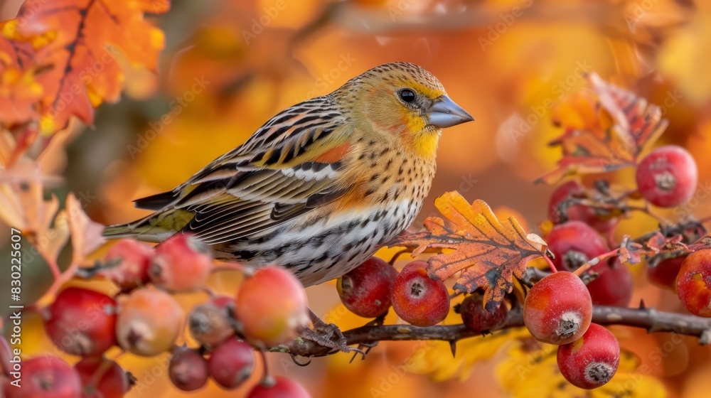 A bird sits on a red-berried branch against a backdrop of orange and yellow foliage The foreground features both red berries and yellow leaves, while the background is composed A bird sits on a red-berried branch against a backdrop of orange and yellow foliage The foreground features both red berries and yellow leaves, while the background is composed