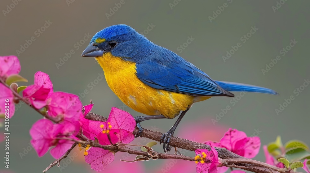  A blue-and-yellow bird perches on a tree branch, surrounded by pink flowers in the foreground The background softly features a blur of pink blooms
