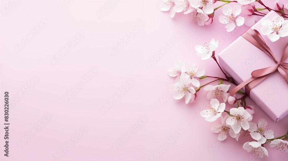 Elegant Pink Gift Box Surrounded by Delicate Blossoms on Pastel Background