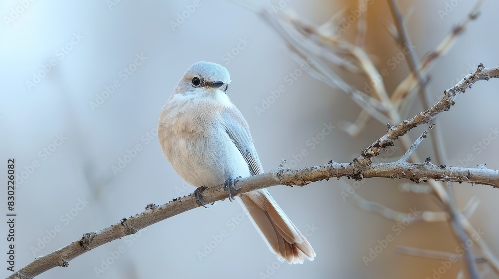 A small white bird perched on a leafless tree branch against hazy, blurred branches in the foreground and background A small white bird perched on a leafless tree branch against hazy, blurred branches in the foreground and background