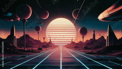 Throwback to the 1980s with a retro sci-fi landscape, perfect for era-themed designs.
