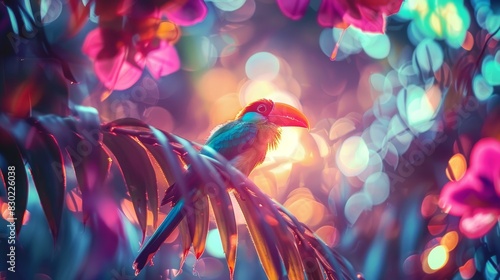  A vibrant bird atop a leafy tree against a backdrop of multicolored flowers and foliage, with a brilliant light center stage photo