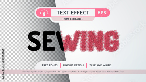 Sewing Thread Text Effect, Graphic Style. Vector Mockup and Template. Slogan and Brand Company.