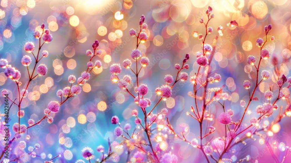  A macro shot of numerous blooms, petals dotted with water droplets Background softly blurred in hues of blue, pink, yellow, purple, and white
