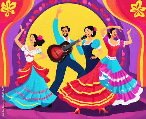 Illustration of guitarists and flamenco dancers.