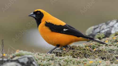  A yellow-and-black bird perches atop a mossy rock, adorned with yellow and black lichens and tiny yellow and white flowers in the foreground