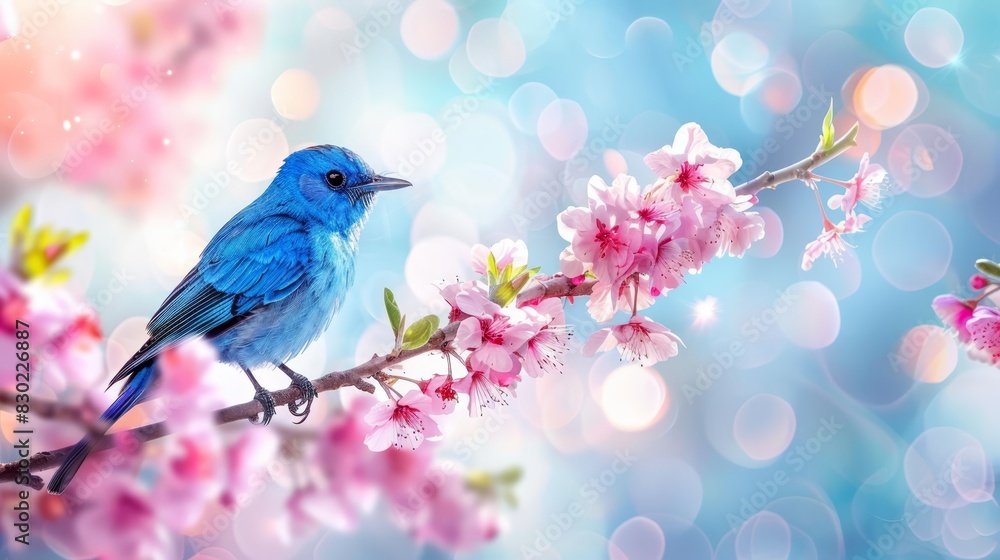 A blue bird perches on a tree branch, surrounded by pink flowers in the foreground The background features a blur of blue and pink hues A blue bird perches on a tree branch, surrounded by pink flowers in the foreground The background features a blur of blue and pink hues