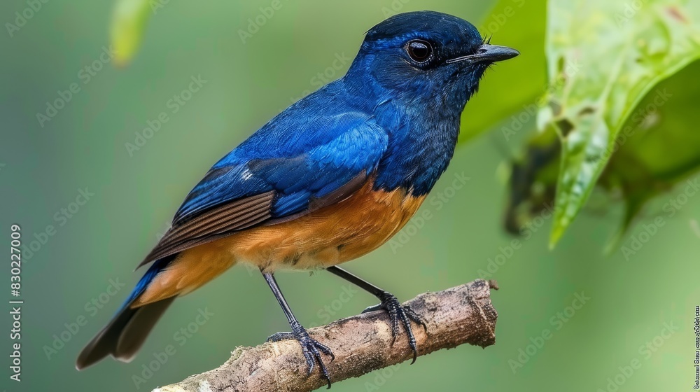  A blue-orange bird perches on a tree branch against a backdrop of green, leafy foliage An inconspicuous insect inhabits the forest ground's center