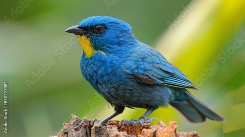  A small blue bird perches atop a weathered piece of wood, its chest adorned with a yellow and blue paint splotch The scene is framed by a lush