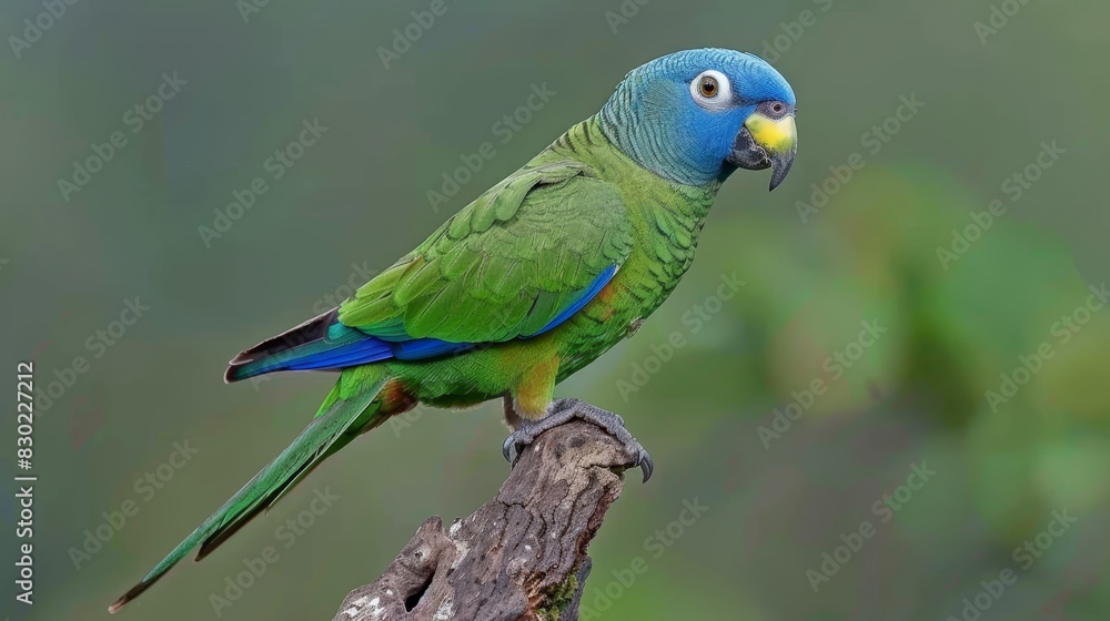  A green and blue bird sits atop a clear tree branch against a blurred backdrop of leaves The branch bears another bird perched on its tip