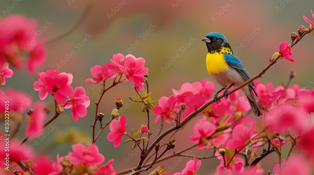  A blue-and-yellow bird sits on a tree branch, surrounded by pink flowers in the foreground The background subtly features a blurred expanse of pink blooms