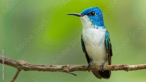  A blue-and-white bird perches on a tree branch against a backdrop of green and white Another small bird sits atop the branch near its head photo