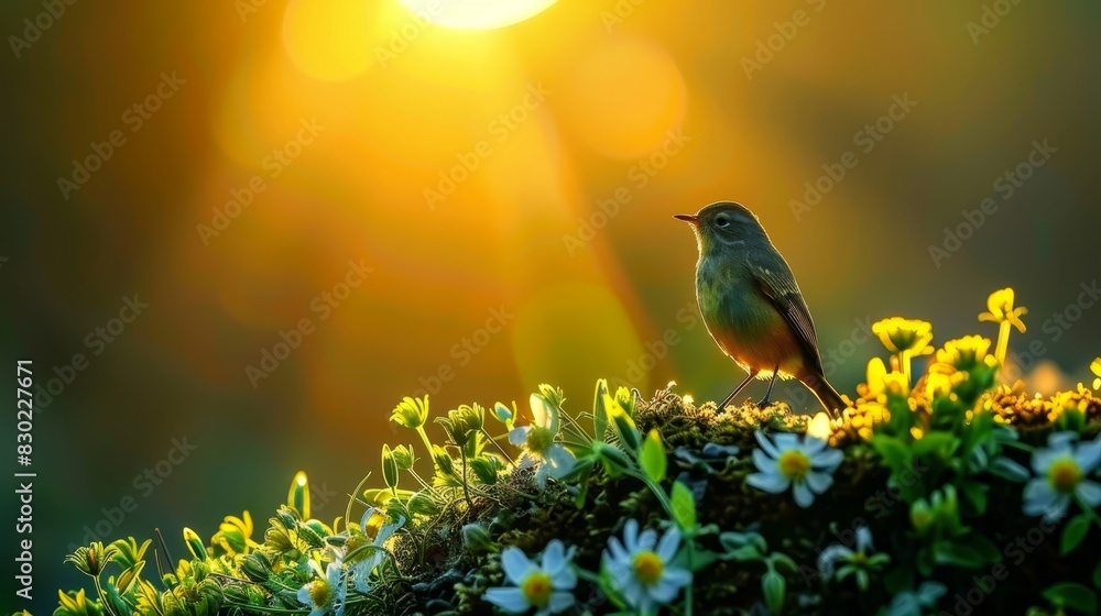 A small bird atop a green hillside, moss-covered and dotted with foreground daisies Sun shines behind, filtering through clouds A small bird atop a green hillside, moss-covered and dotted with foreground daisies Sun shines behind, filtering through clouds