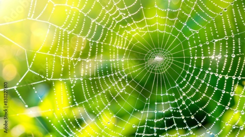  A close-up of a spider web with dew drops in the foreground Background softly blurred in green