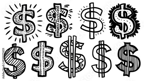 Collection of Vector Doodle Dollar Signs in Various Styles, Creative Hand-Drawn Currency Symbols