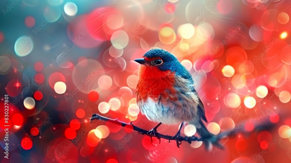 A red and blue bird sits on a branch against a blurred backdrop of red, white, and blue lights forming a bottle shape A red and blue bird sits on a branch against a blurred backdrop of red, white, and blue lights forming a bottle shape