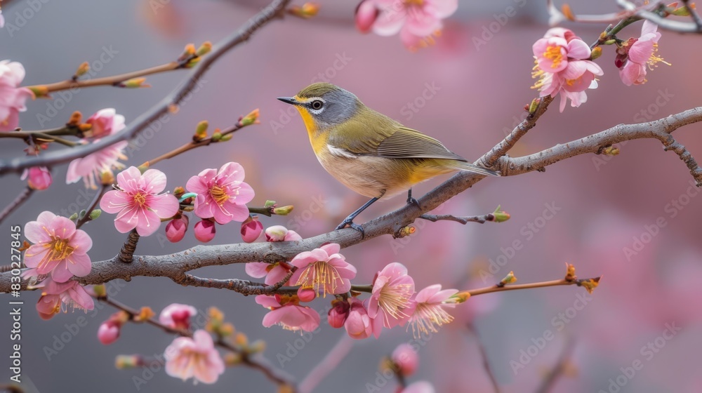 Fototapeta premium A small bird sits on a tree branch, surrounded by pink flowers in the foreground The background faintly features a blur of similar pink blooms