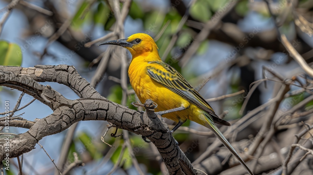 A yellow bird perches on a tree branch, adjacent to a full-leaved green tree with numerous branches The backdrop consists of a vast, blue sky A yellow bird perches on a tree branch, adjacent to a full-leaved green tree with numerous branches The backdrop consists of a vast, blue sky
