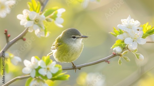  A small bird perched on a tree branch, surrounded by white flowers in the foreground Background features green leaves and more white flowers, lightly blurred
