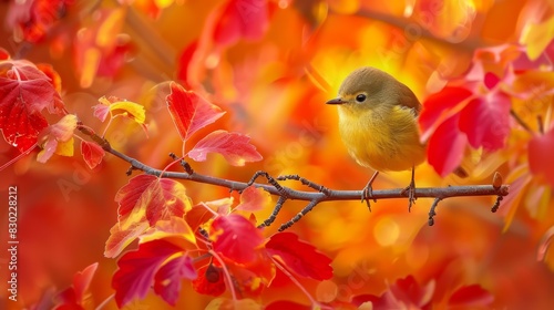  A small yellow bird sits on a branch, before a tree with reddish-orange and golden leaves The foreground showcases a vivid blend of red and yellow leaves, while the background