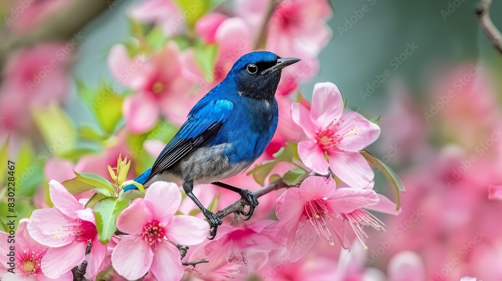  A blue bird sits on a tree branch, surrounded by pink flowers in the foreground The background softly blends into a mix of green leaves and pink flowers