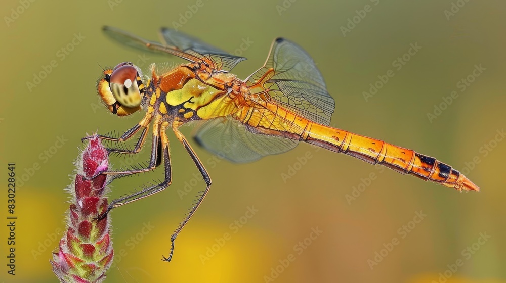A dragonfly, in tight focus, perches on a flower with outstretched wings Its head rests atop one wing A dragonfly, in tight focus, perches on a flower with outstretched wings Its head rests atop one wing
