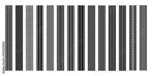 Tire tracks, wheel braking marks. Truck, car or motorcycle tread pattern silhouettes. Auto race, motorsport, speed racing design element. Vector illustration