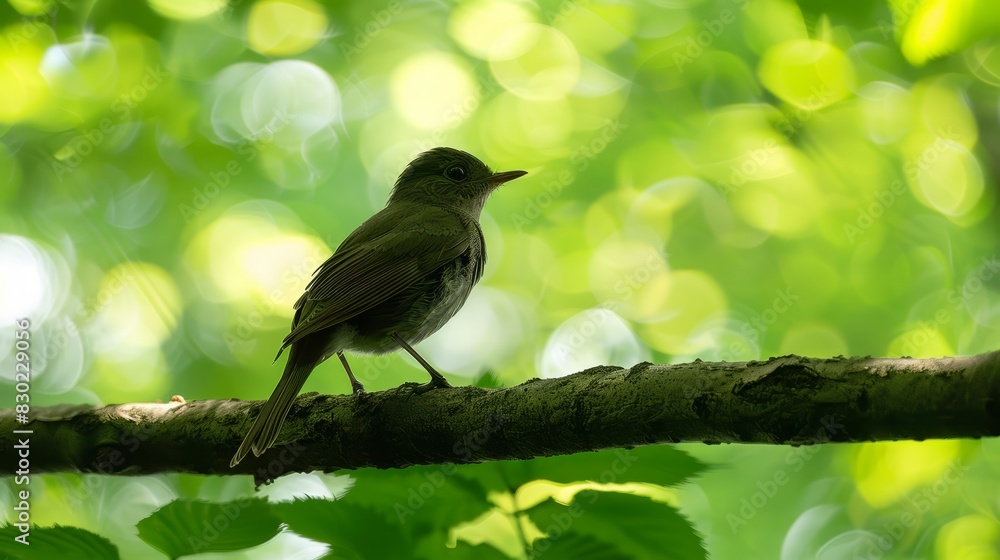 A small bird sits on a branch, surrounded by a dense green foliage bokeh , while the tree's blur A small bird sits on a branch, surrounded by a dense green foliage bokeh , while the tree's blur