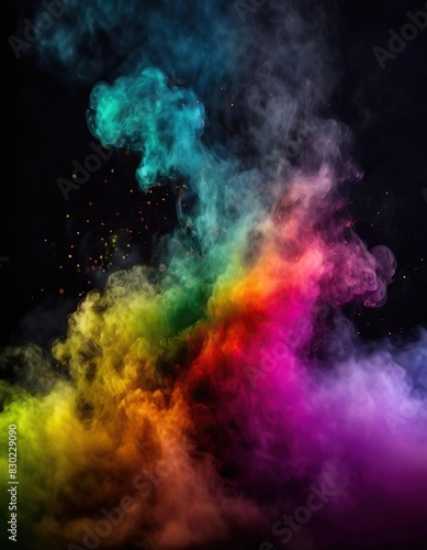 Abstract Coloful Smoke Dust Particles Night haze Mist Floating on Rainbow Coloured Smoke on Dark Black