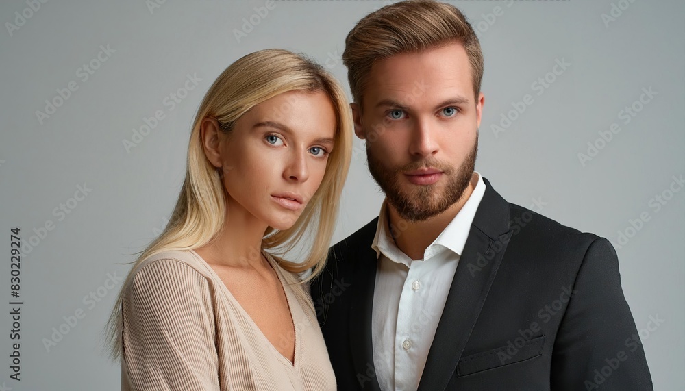 sophisticated man and woman dressed in minimalist attire against a neutral gray background sophisticated man and woman dressed in minimalist attire against a neutral gray background