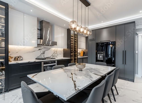 Modern kitchen interior with gray and white cabinets  large table for family dinner  black refrigerator and metallic sink on marble counter top