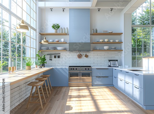 Modern kitchen interior with blue and beige color scheme  white tiles on wall  wooden floor  