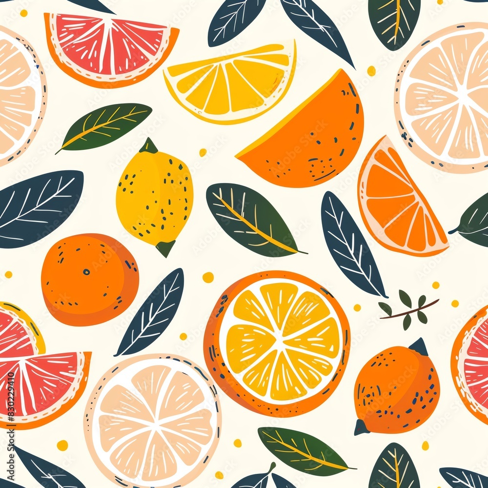 Seamless pattern with colorful citrus fruits including lemon, orange, and grapefruit slices, along with green leaves on a white background.
