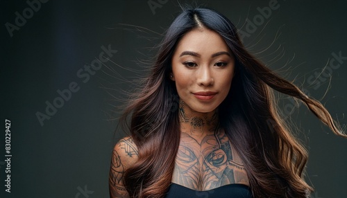 A striking woman adorned with intricate tattoos and long flowing hair poses confidently for a picture, her unique blend of art and fashion reflecting her bold and free-spirited personality