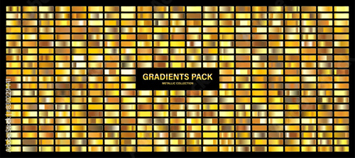 Golden glossy gradient, gold metal foil texture. Color swatch set. Collection of high quality gradients. Shiny metallic background. Design element. Vector illustration