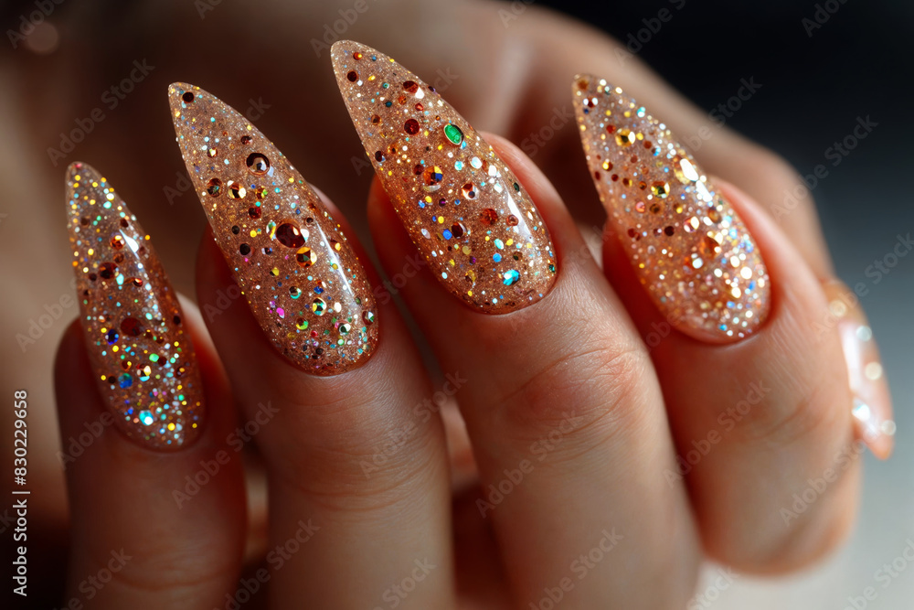 Close-up of a Woman's Glittering Bedazzled Manicure Showcasing Festive Nail Art Close-up of a Woman's Glittering Bedazzled Manicure Showcasing Festive Nail Art