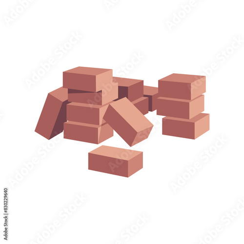Brown clay bricks heap vector flat illustration, construction materials, rectangle building units, stacked blocks pile