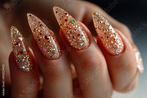 Close-up of a Woman's Glittering Bedazzled Manicure Showcasing Festive Nail Art