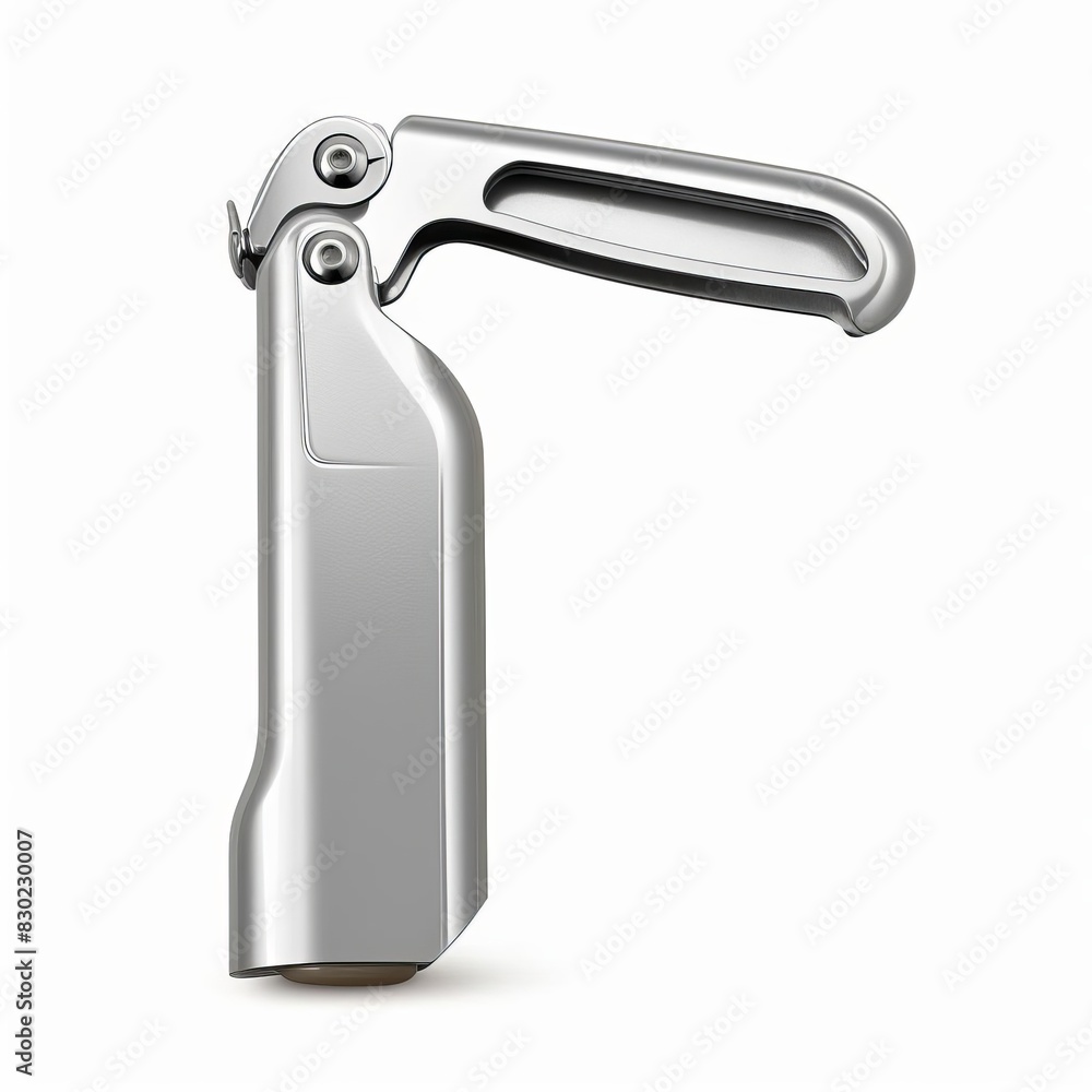 Aluminum can opener with a brushed finish handle, isolated solid white background