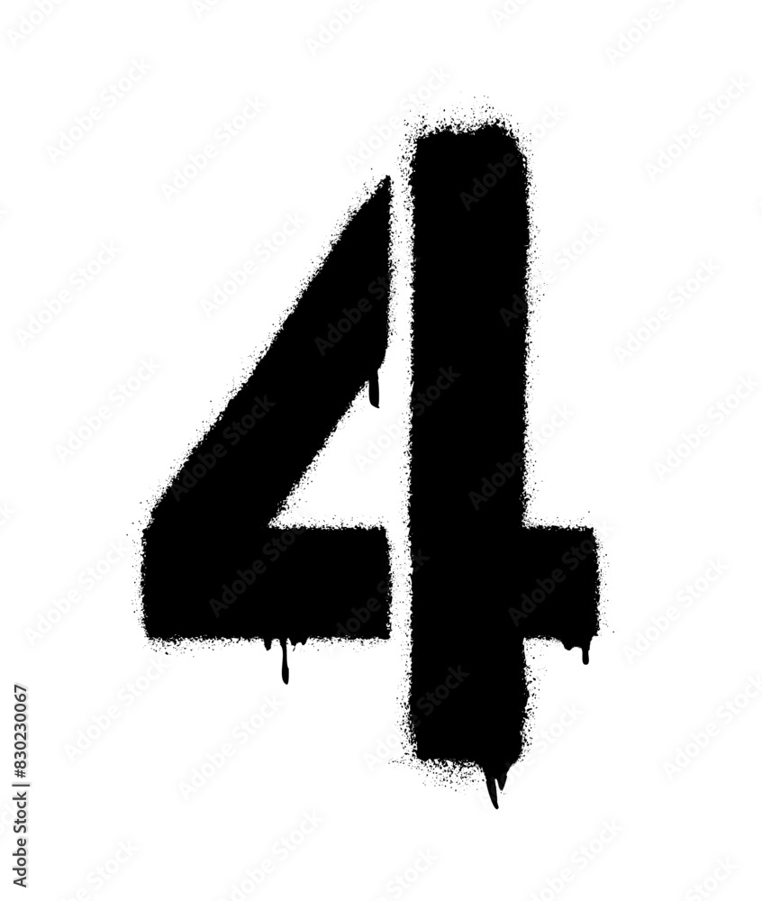 Stencil with the number 4 with paint smudges. Black symbol on a white background. Vector illustration