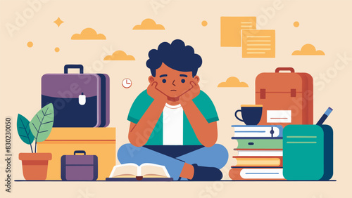A student sits at their desk surrounded by a sea of halfpacked suitcases and school supplies pausing momentarily before their pen hits the paper to ponder over the bittersweet. Vector illustration